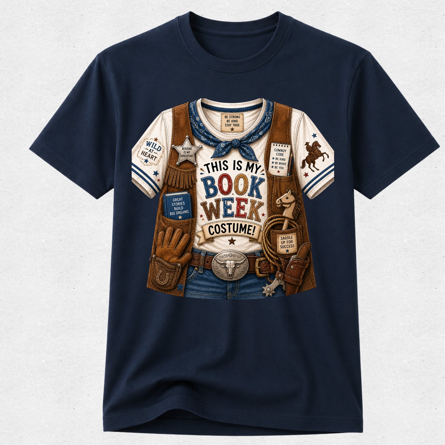 A navy blue short-sleeve crewneck t-shirt featuring a detailed graphic print of a western-themed book club costume. The graphic includes a white and blue striped shirt, brown vest, blue jeans, and a belt with badges that read 'THIS IS MY BOOK WEEK COSTUME' and 'WILD WESTERN'.