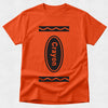 An orange short-sleeve crewneck t-shirt featuring a black graphic of a crayon with the word 'Crayon' printed vertically inside it.