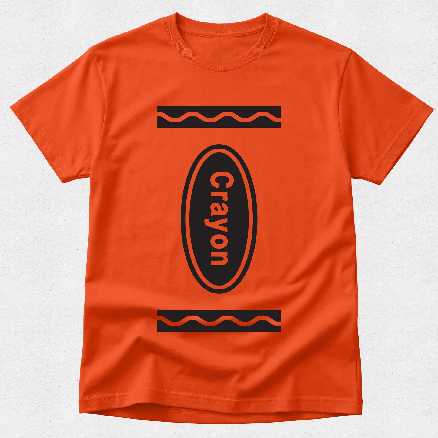 An orange short-sleeve crewneck t-shirt featuring a black graphic of a crayon with the word 'Crayon' printed vertically inside it.