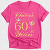 Pink t-shirt with 'Cheers to 60 Years' text and graphics on a white background
