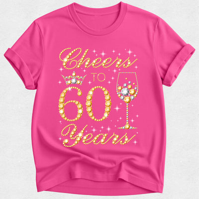 Pink t-shirt with 'Cheers to 60 Years' text and graphics on a white background