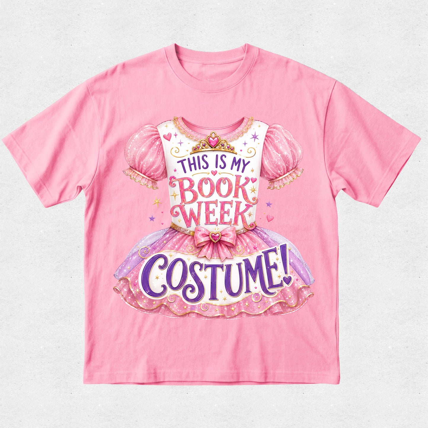 A pink short-sleeve crewneck t-shirt featuring a graphic of a pink and purple fairy tale costume dress with the text 'THIS IS MY BOOK WEEK COSTUME!' printed on the front, displayed flat against a light gray background.