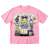 A pink short-sleeve crewneck t-shirt featuring a large graphic print of a bookish science costume. The graphic depicts a white lab coat with a purple patterned bow tie, surrounded by lab equipment, an open book, and text that reads 'THIS IS MY BOOK WEEK COSTUME!'.