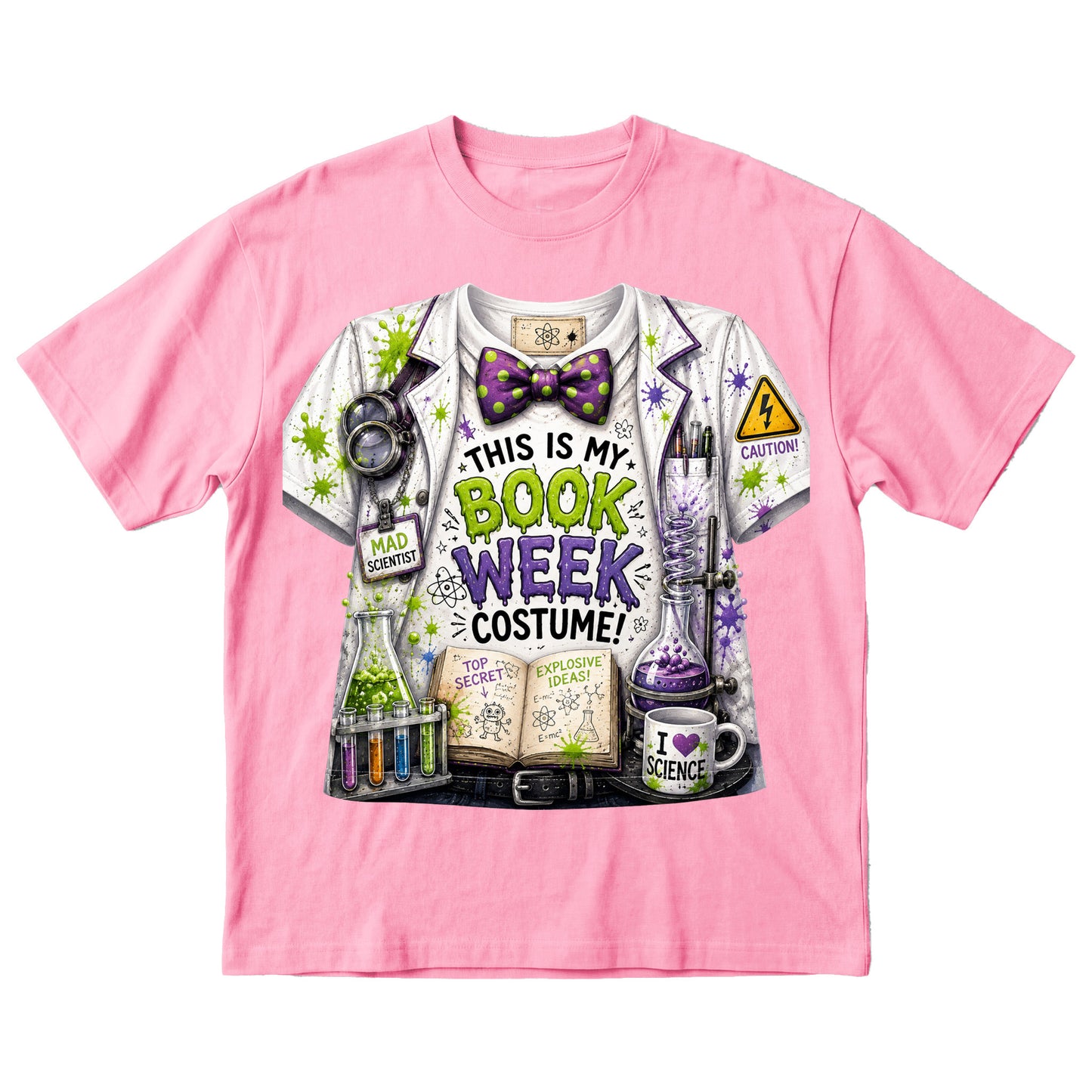 A pink short-sleeve crewneck t-shirt featuring a large graphic print of a bookish science costume. The graphic depicts a white lab coat with a purple patterned bow tie, surrounded by lab equipment, an open book, and text that reads 'THIS IS MY BOOK WEEK COSTUME!'.