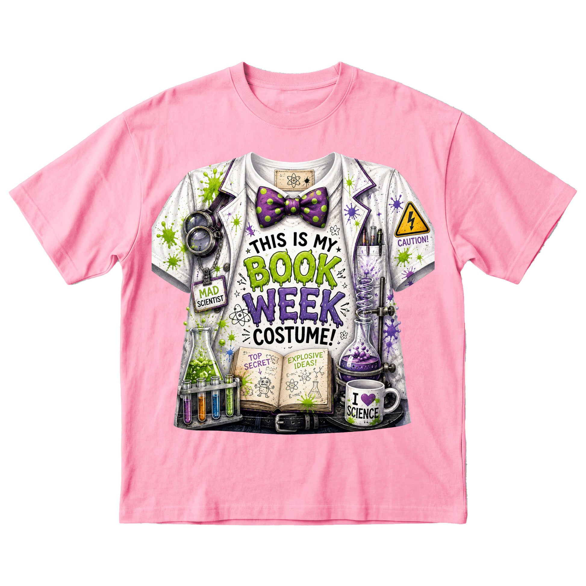 A pink short-sleeve crewneck t-shirt featuring a large graphic print of a bookish science costume. The graphic depicts a white lab coat with a purple patterned bow tie, surrounded by lab equipment, an open book, and text that reads 'THIS IS MY BOOK WEEK COSTUME!'.