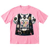 A pink short-sleeve crewneck t-shirt featuring a large graphic print of a police officer's book week costume vest and shirt with accessories and the text 'THIS IS MY BOOK WEEK COSTUME!'.