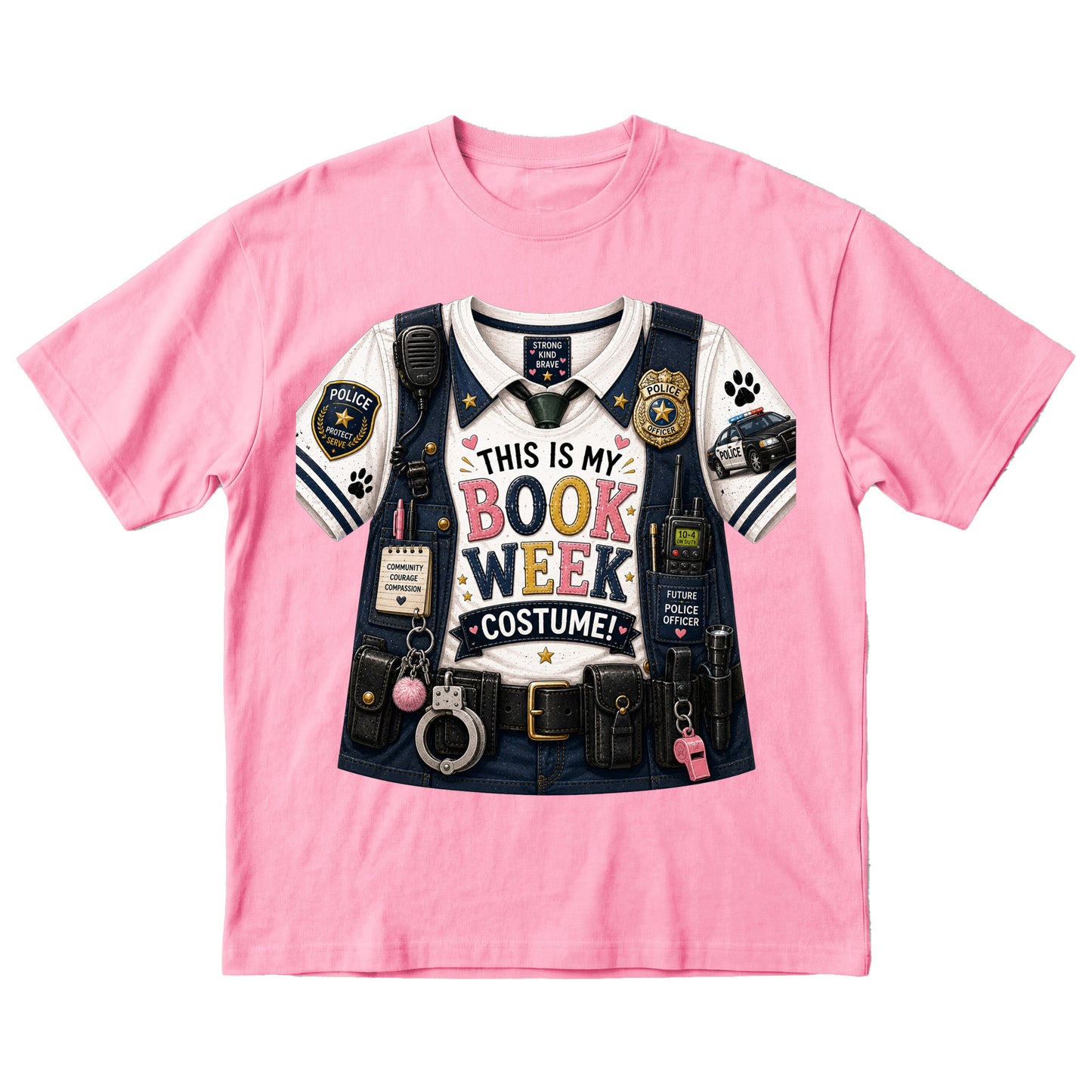 A pink short-sleeve crewneck t-shirt featuring a large graphic print of a police officer's book week costume vest and shirt with accessories and the text 'THIS IS MY BOOK WEEK COSTUME!'.