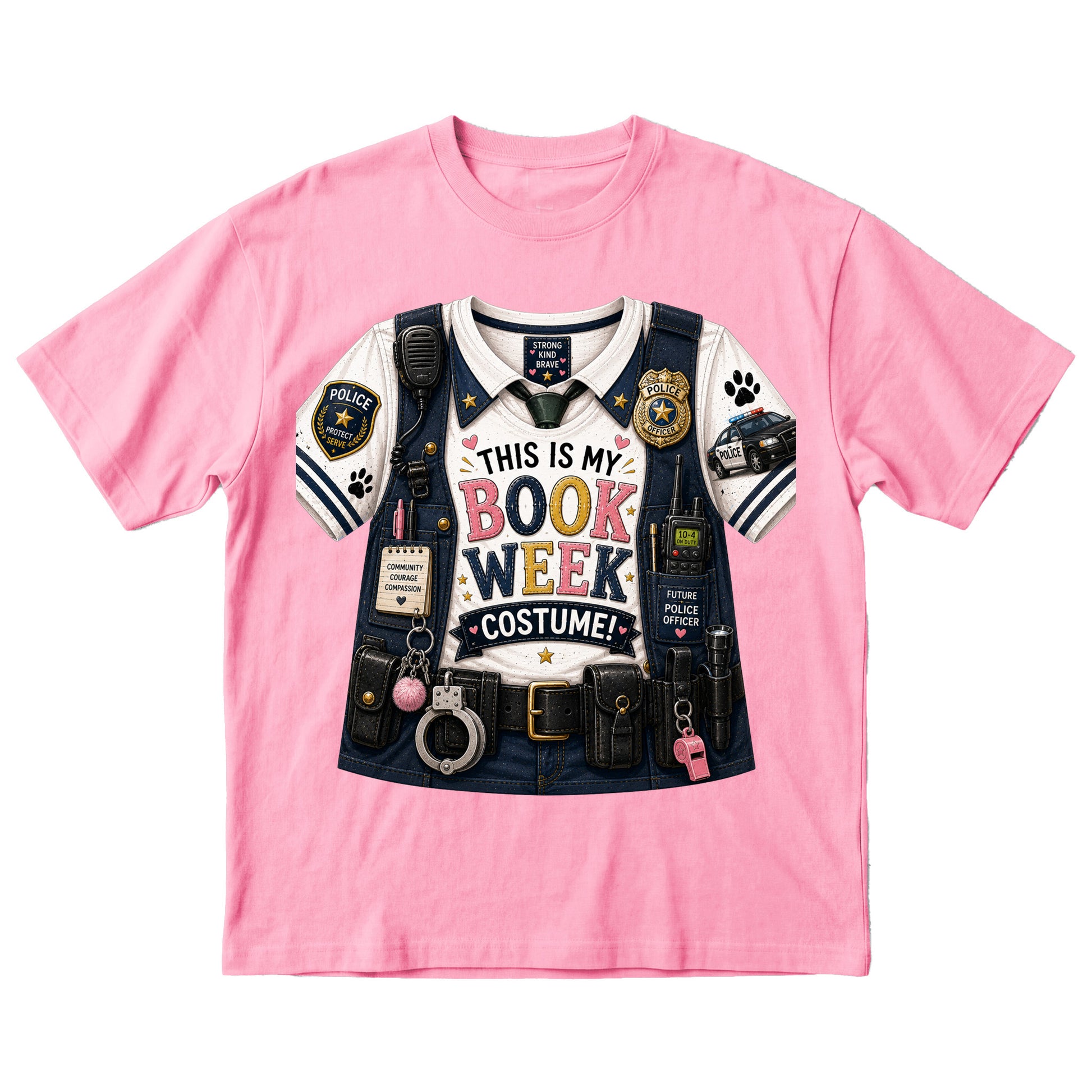 A pink short-sleeve crewneck t-shirt featuring a large graphic print of a police officer's book week costume vest and shirt with accessories and the text 'THIS IS MY BOOK WEEK COSTUME!'.