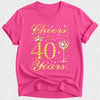 Pink t-shirt with 'Cheers to 40 Years' text and graphics on a white background