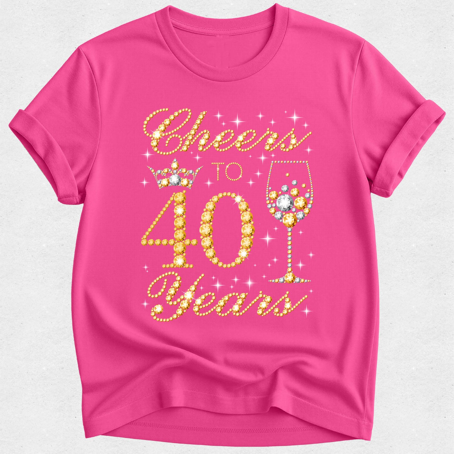 Pink t-shirt with 'Cheers to 40 Years' text and graphics on a white background