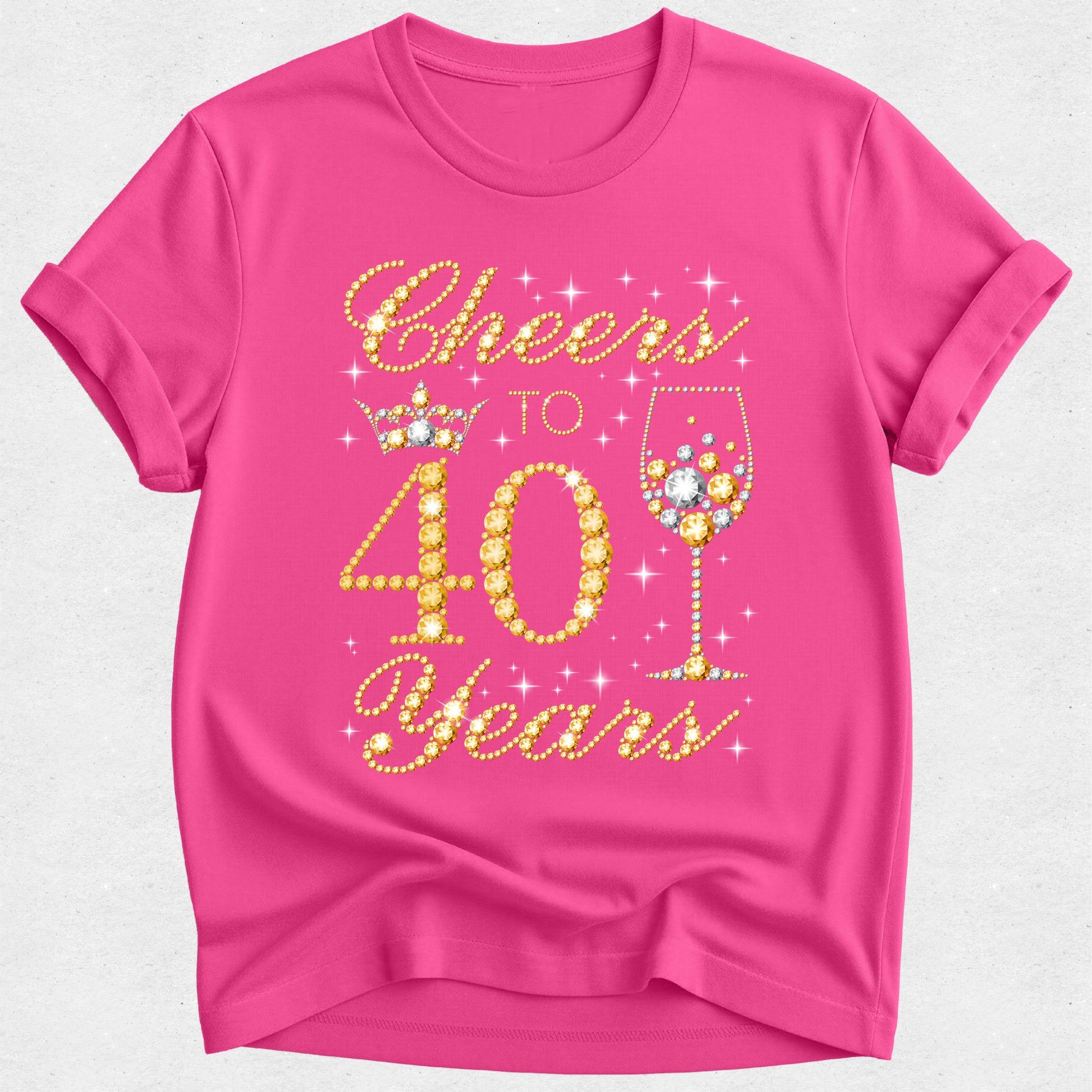 Pink t-shirt with 'Cheers to 40 Years' text and graphics on a white background