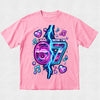 Pink t-shirt with a colorful design celebrating turning 67 on a light gray background