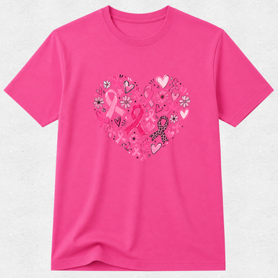 pink breast cancer awareness T-shirt with a heart design made of pink ribbons, flowers and hearts.