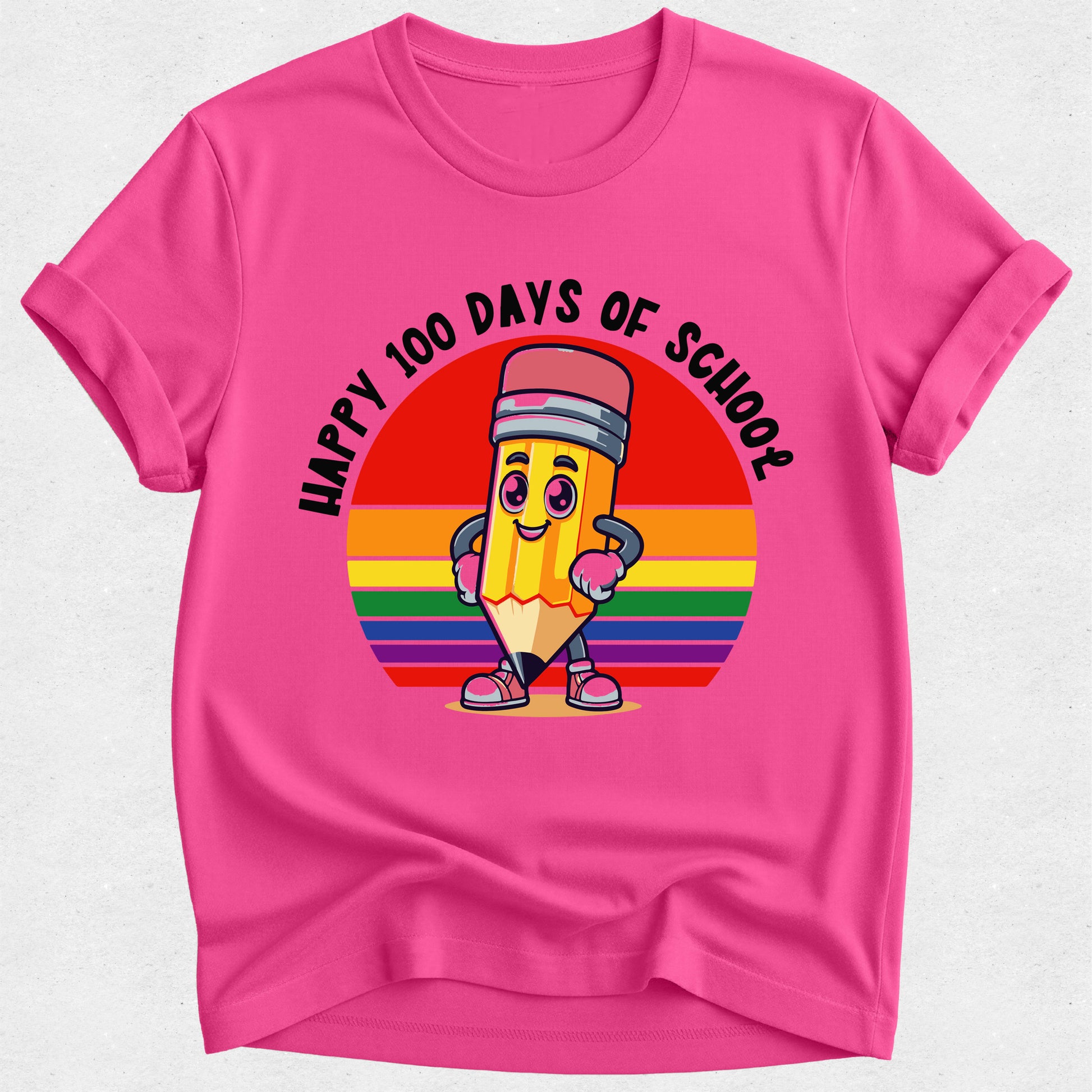 Pink t-shirt with a colorful pencil graphic and 'Happy 100 Days of School' text on a white background