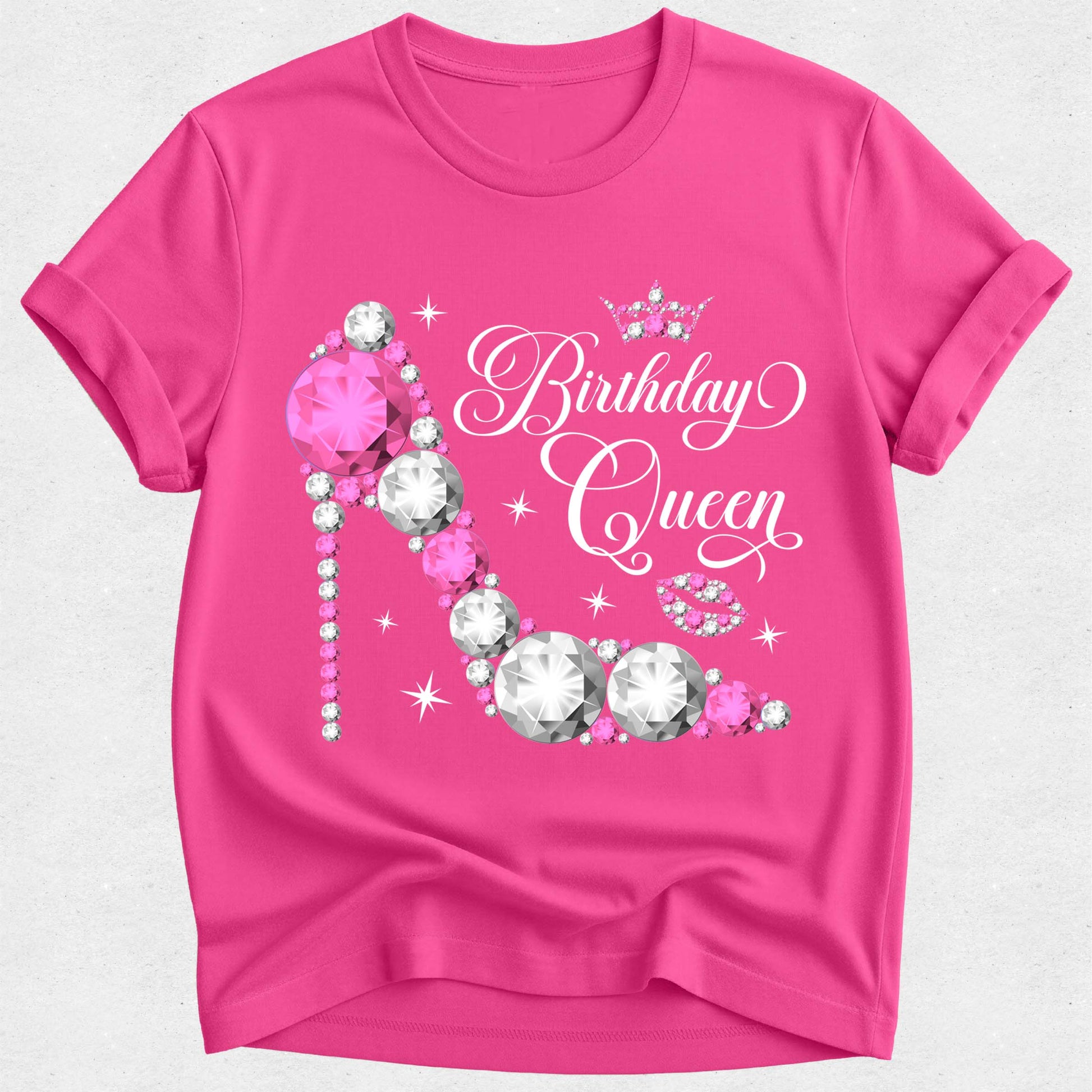 Pink t-shirt with 'Birthday Queen' design featuring a high-heeled shoe and crystals on a white background.