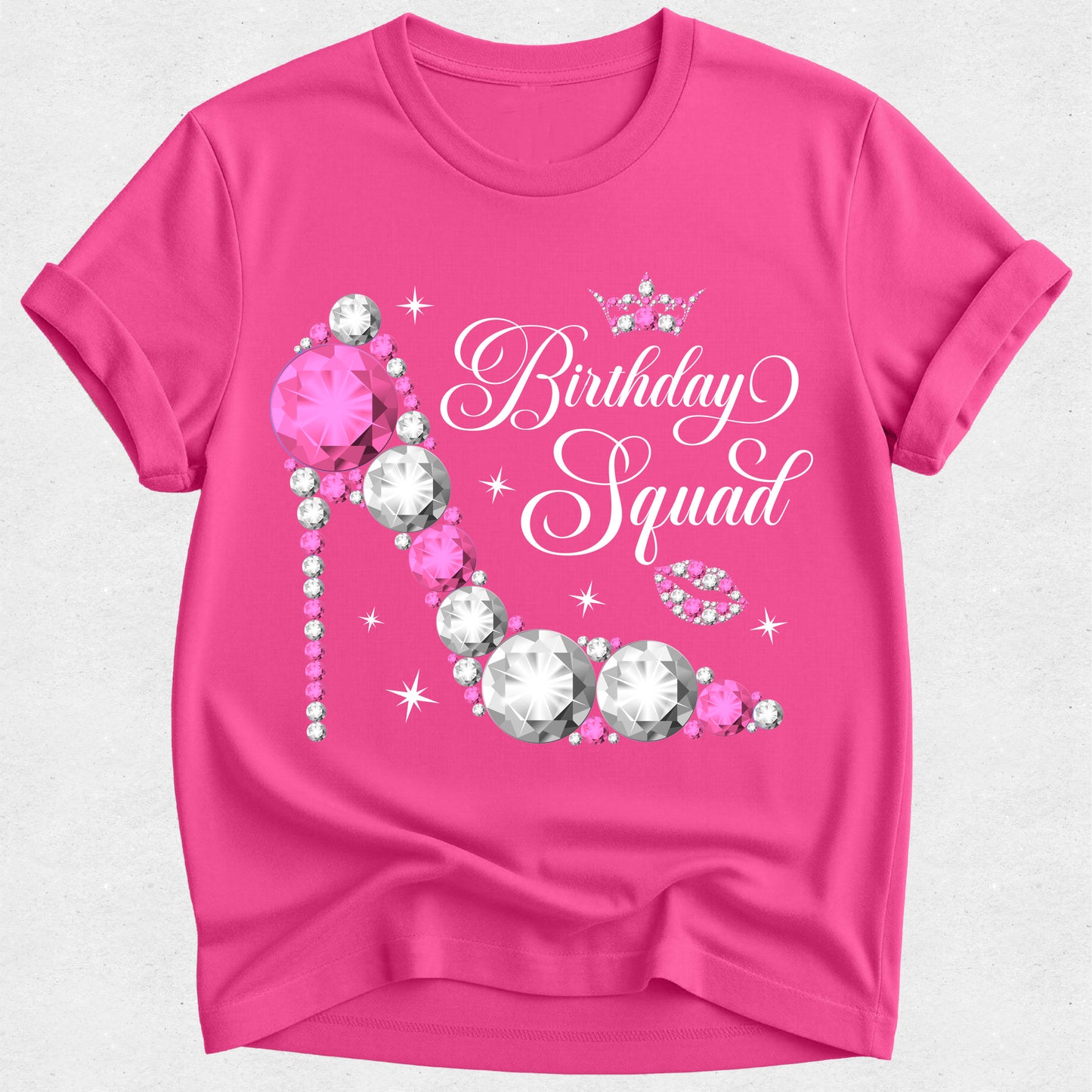 Birthday Queen & Squad Matching Tshirts - Pink and Silver Diamond Rhinestone