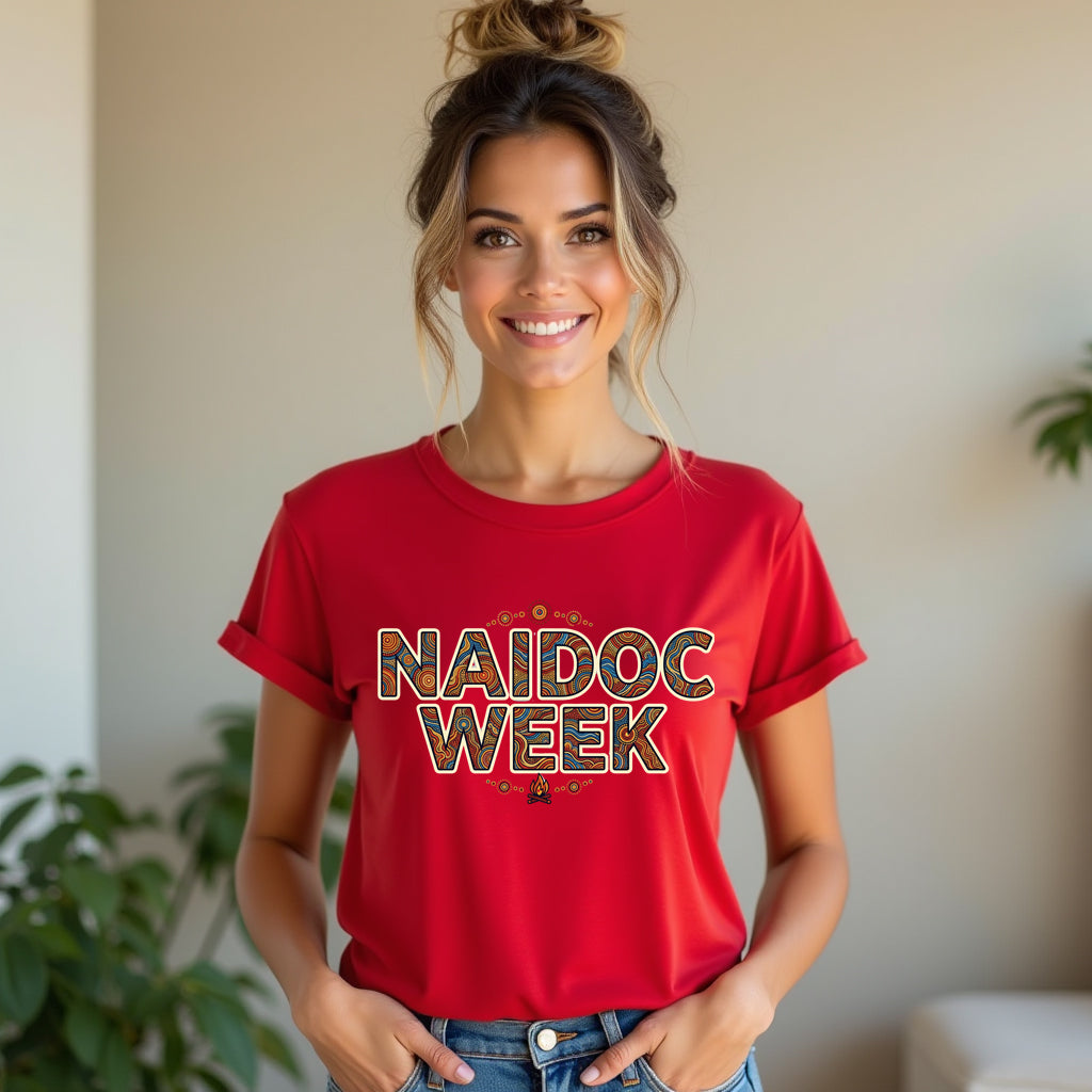 Woman wearing a red 'NAIDOC WEEK' t-shirt in an indoor setting.