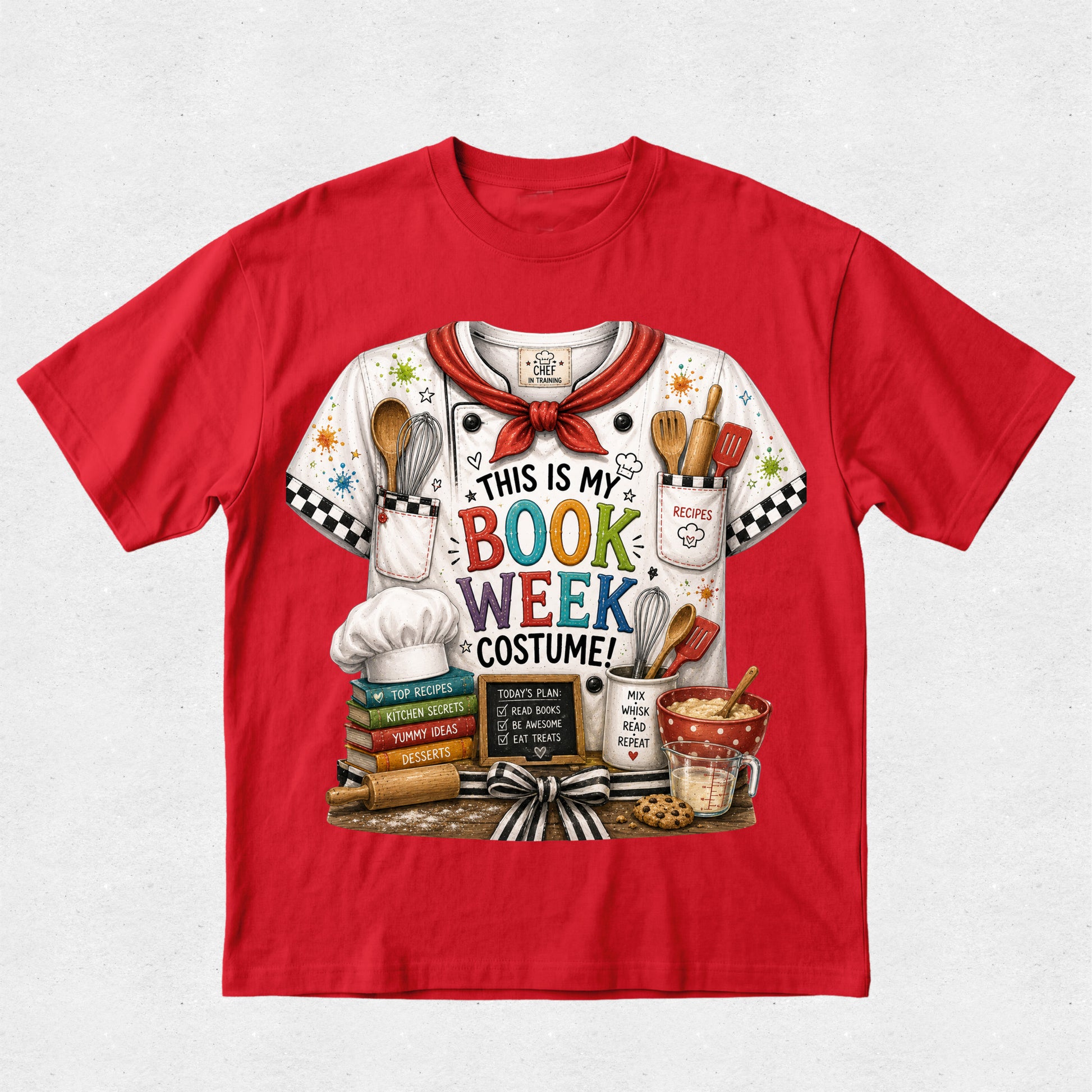 A red short-sleeve crewneck t-shirt featuring a colorful graphic print of a white chef jersey with 'THIS IS MY BOOK WEEK COSTUME!' text and baking-themed illustrations.