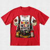 A red short-sleeve crewneck t-shirt featuring a large graphic print of a firefighter costume. The graphic includes a white shirt, red overalls, a helmet, a megaphone, a walkie-talkie, and the text 'THIS IS MY BOOK WEEK COSTUME!'.