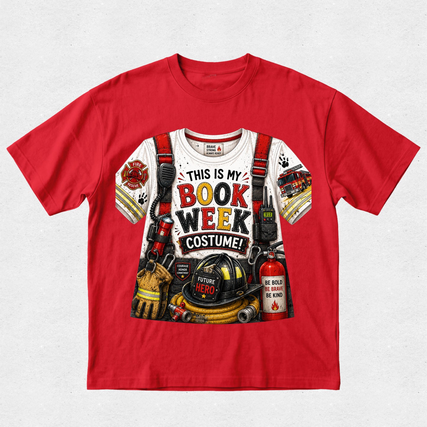 A red short-sleeve crewneck t-shirt featuring a large graphic print of a firefighter costume. The graphic includes a white shirt, red overalls, a helmet, a megaphone, a walkie-talkie, and the text 'THIS IS MY BOOK WEEK COSTUME!'.