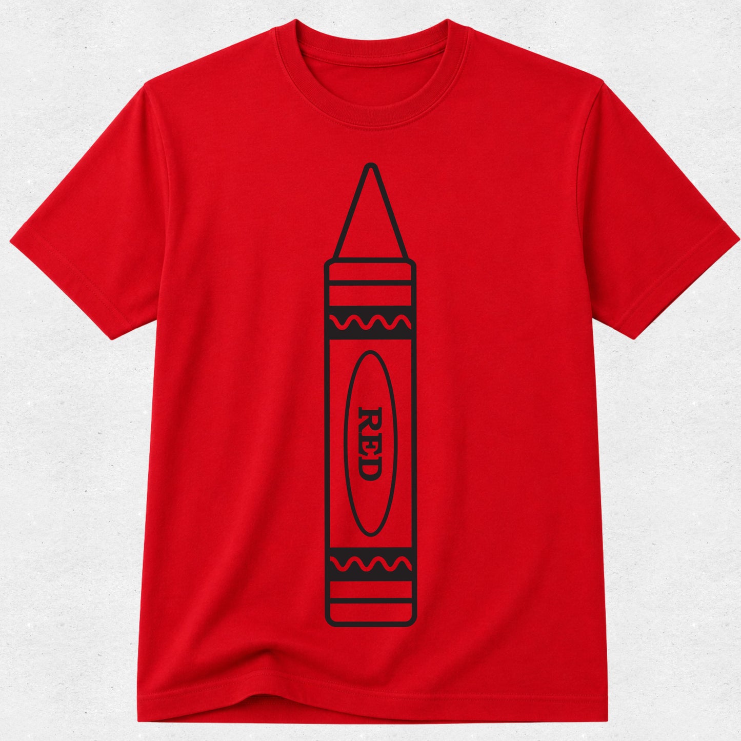 A bright red short-sleeve crewneck t-shirt featuring a black line-art graphic of a crayon with the word 'RED' printed inside, displayed against a light gray textured background.