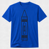 A royal blue short-sleeve crewneck t-shirt featuring a black line art graphic of a crayon with the word 'BLUE' printed inside, displayed against a light gray textured background.