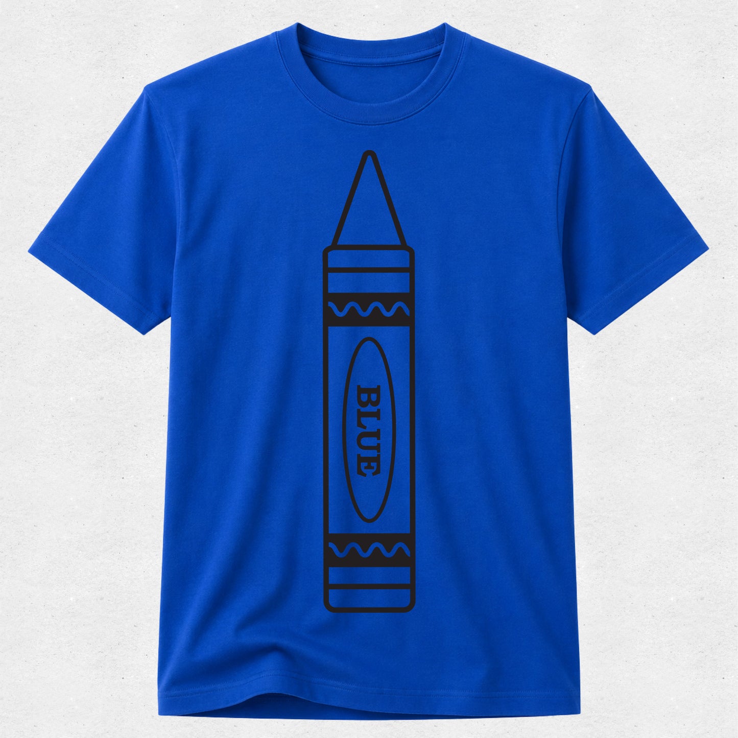 A royal blue short-sleeve crewneck t-shirt featuring a black line art graphic of a crayon with the word 'BLUE' printed inside, displayed against a light gray textured background.