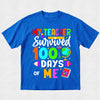 Blue t-shirt with colorful text and graphics on a white background