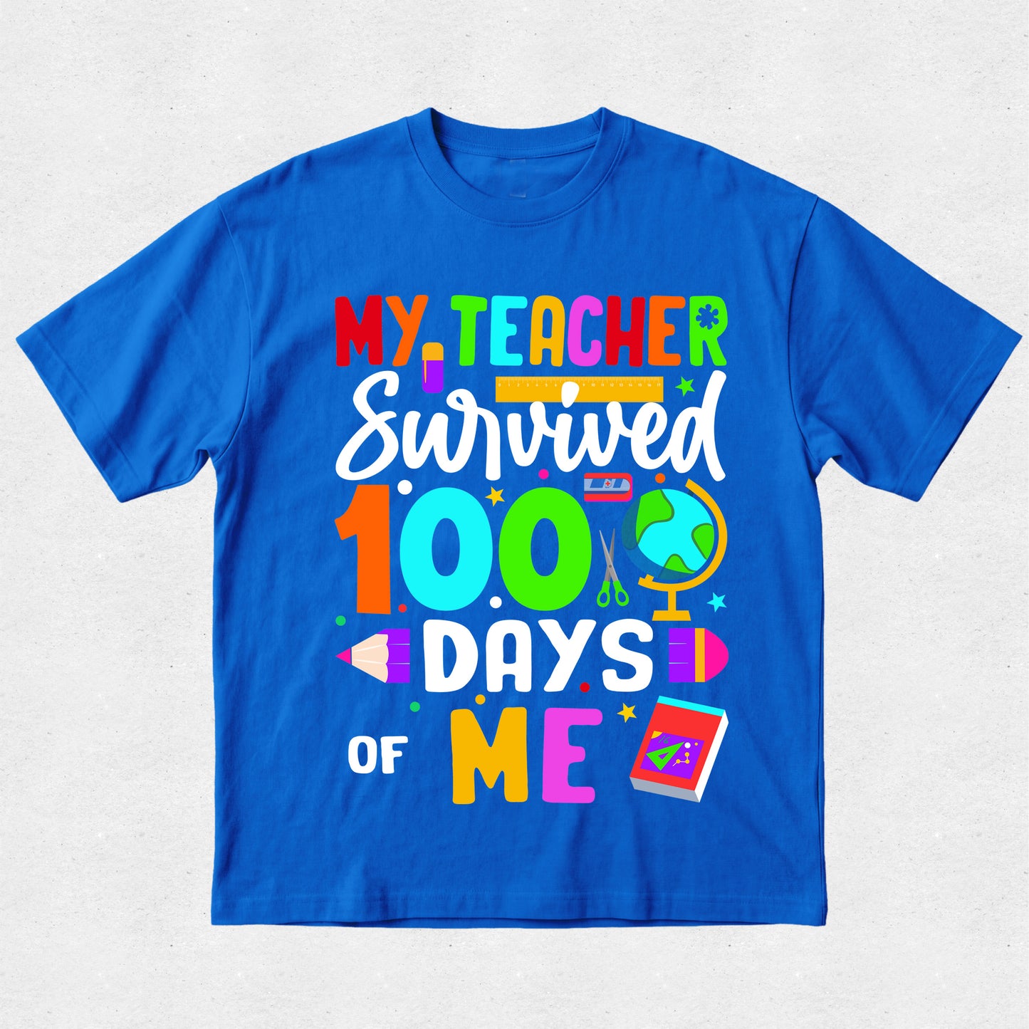 Blue t-shirt with colorful text and graphics on a white background