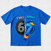 Blue t-shirt with a graphic of a hand holding the number 7 and text on a light gray background
