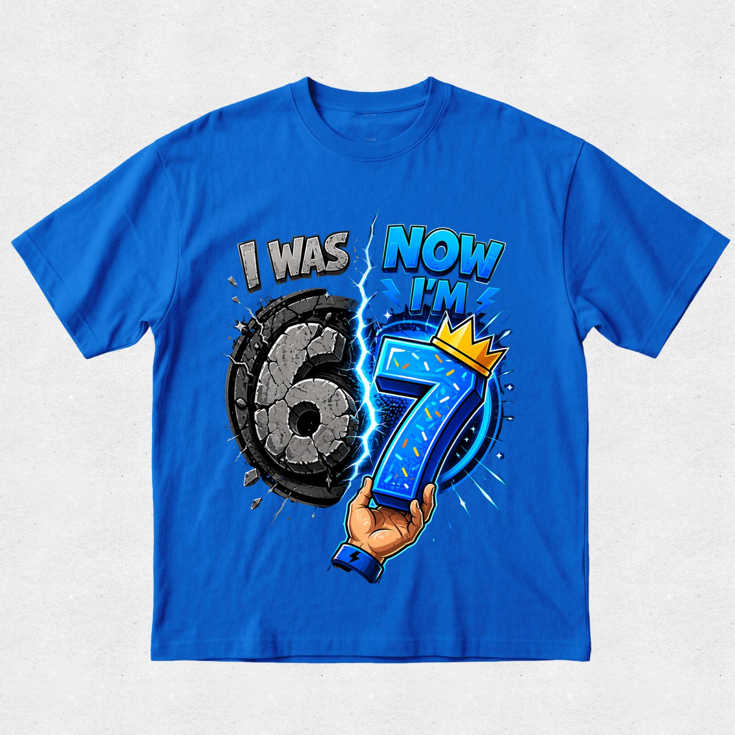 Blue t-shirt with a graphic of a hand holding the number 7 and text on a light gray background