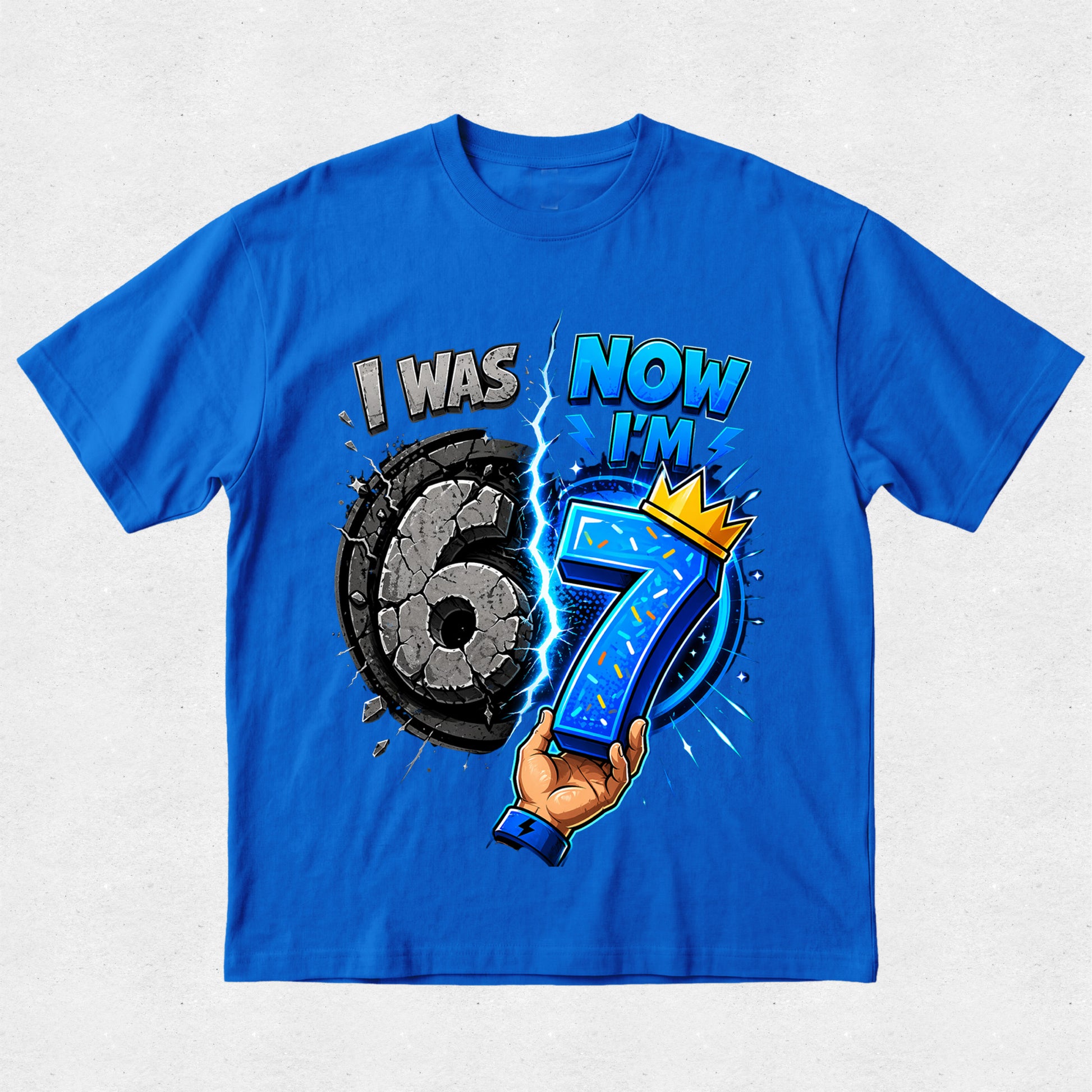 Blue t-shirt with a graphic of a hand holding the number 7 and text on a light gray background