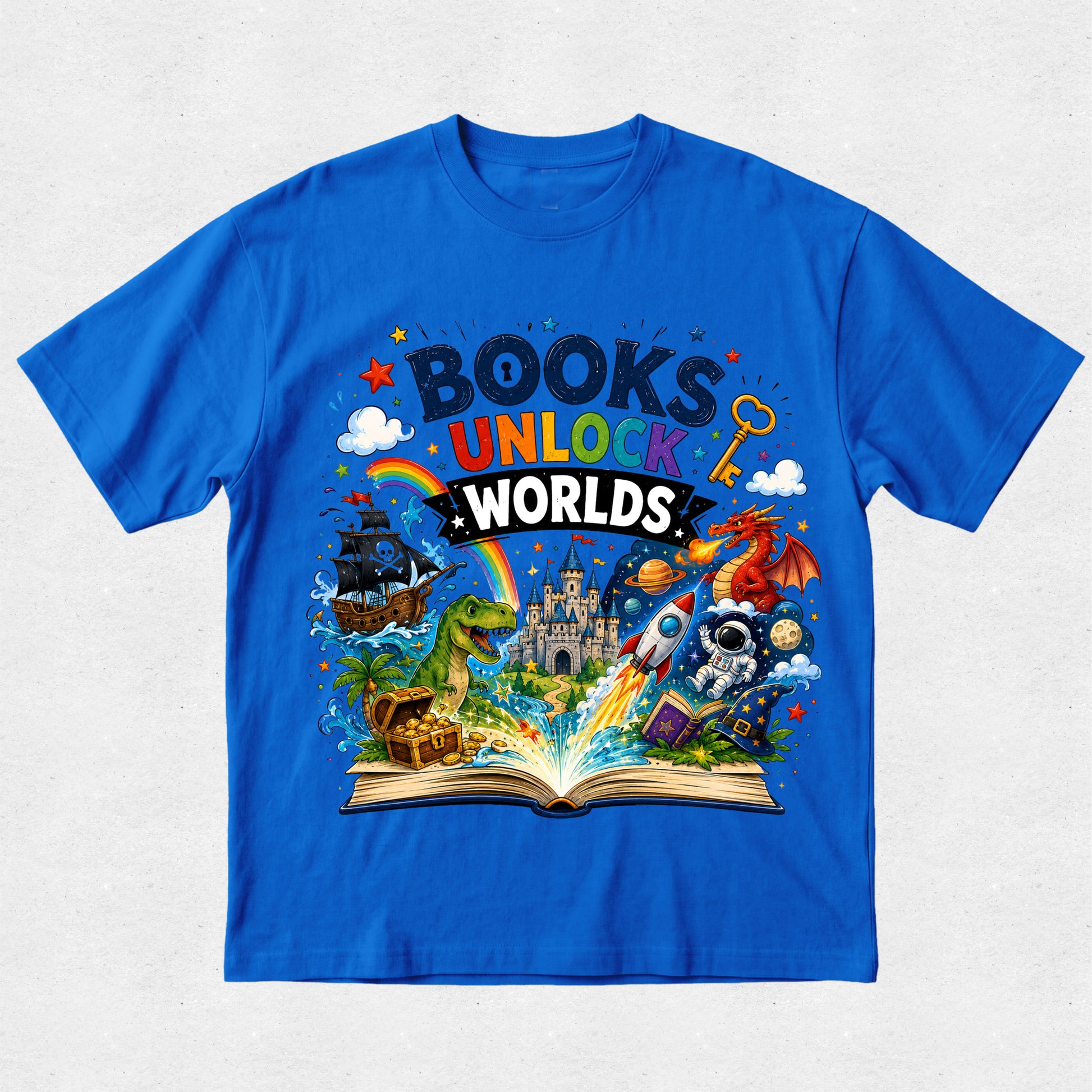 A bright blue short-sleeve t-shirt with a colorful graphic print on the front. The graphic features the text 'BOOKS UNLOCK WORLDS' above an open book with various whimsical illustrations including a castle, rainbow, dinosaur, rocket ship, dragon, and treasure chest, all set against a light gray textured background.