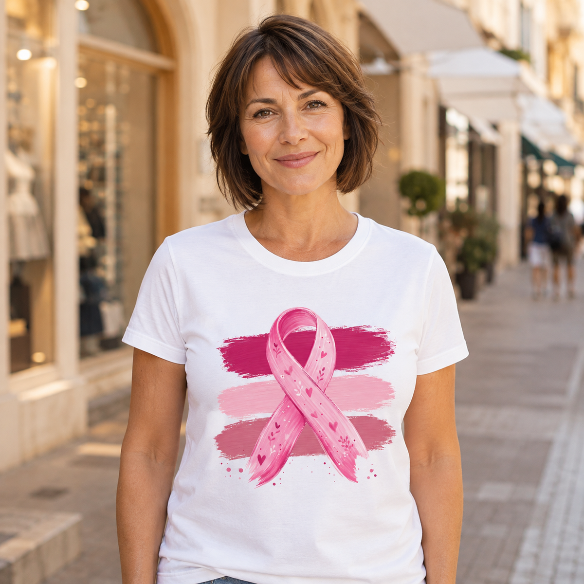 Woman wearing a white breast cancer awareness T-shirt with a ribbon design