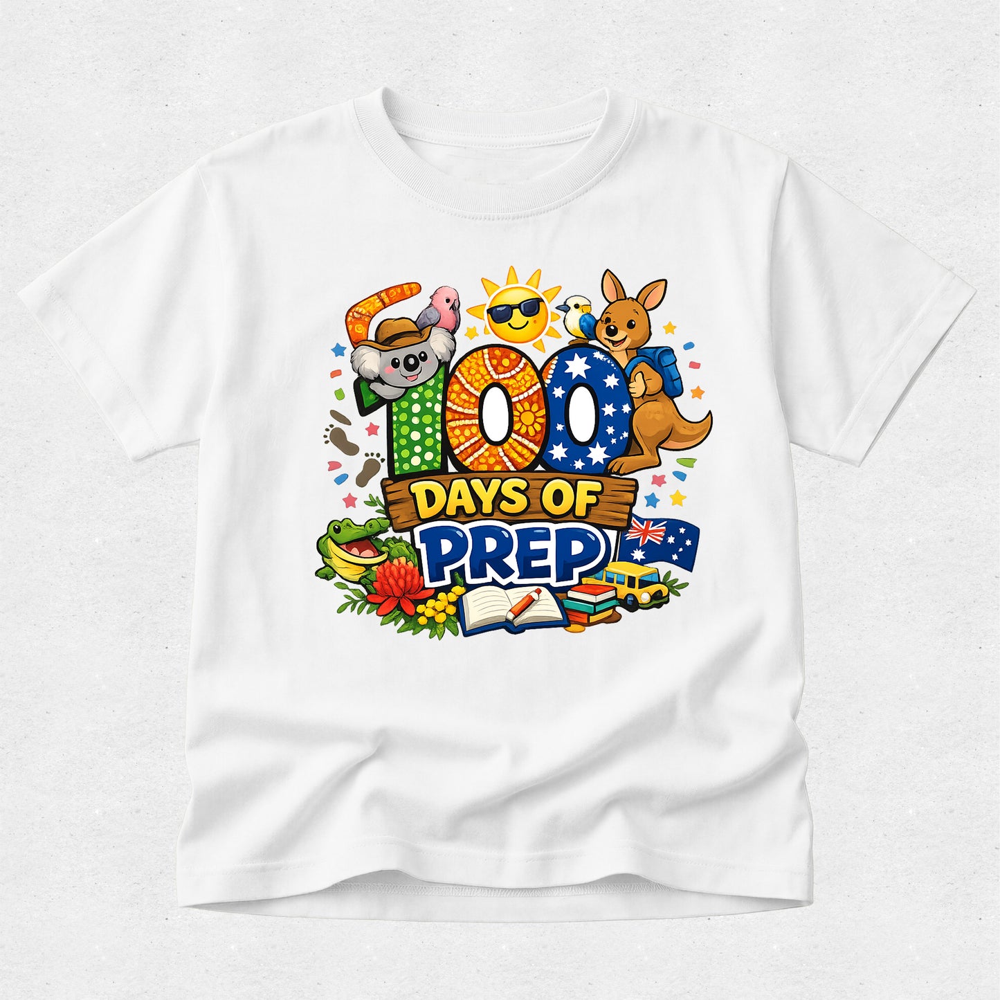 White t-shirt with colorful '100 Days of Prep' design featuring cartoon characters and icons.