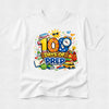 White t-shirt with colorful '100 Days of Prep' design featuring school-themed graphics on a white background.