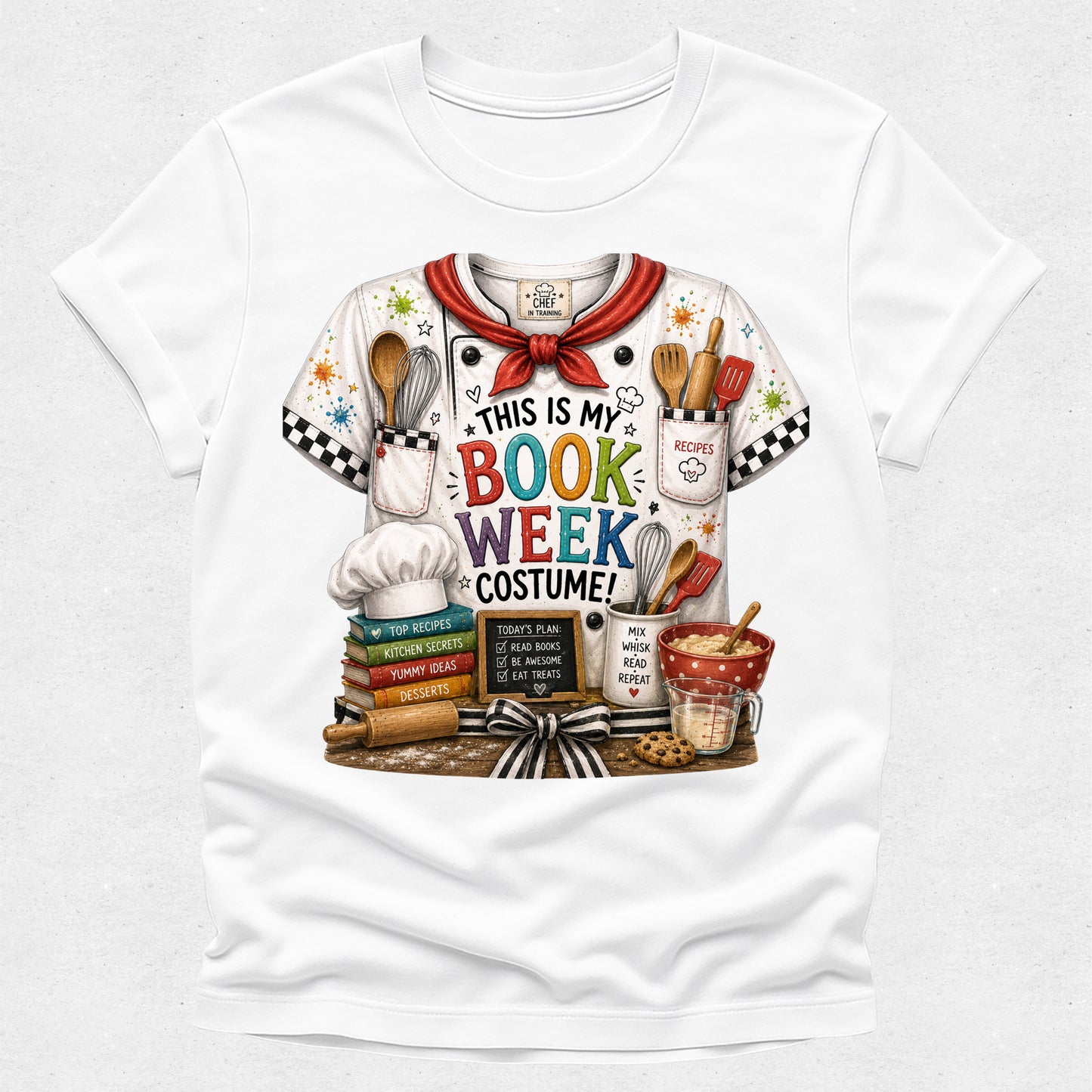 A white short-sleeve crewneck T-shirt featuring a colorful graphic print of a chef costume shirt with the text 'THIS IS MY BOOK WEEK COSTUME!' and illustrated cooking-themed props like utensils, books, a whisk, and a mug.