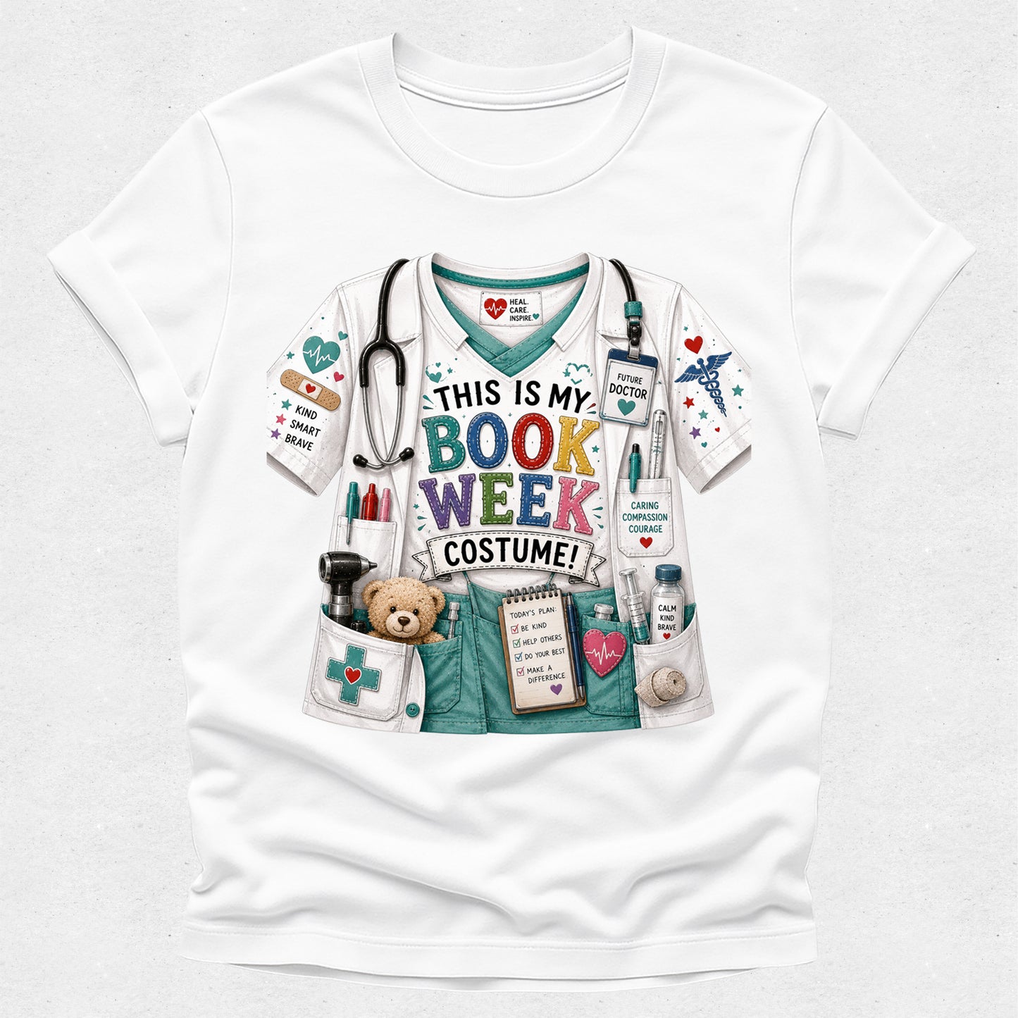 A white short-sleeve crewneck t-shirt featuring a colorful graphic print of a bookish nurse costume. The graphic includes teal scrubs, a stethoscope, medical badges, a teddy bear, and the text 'THIS IS MY BOOK WEEK COSTUME!'.
