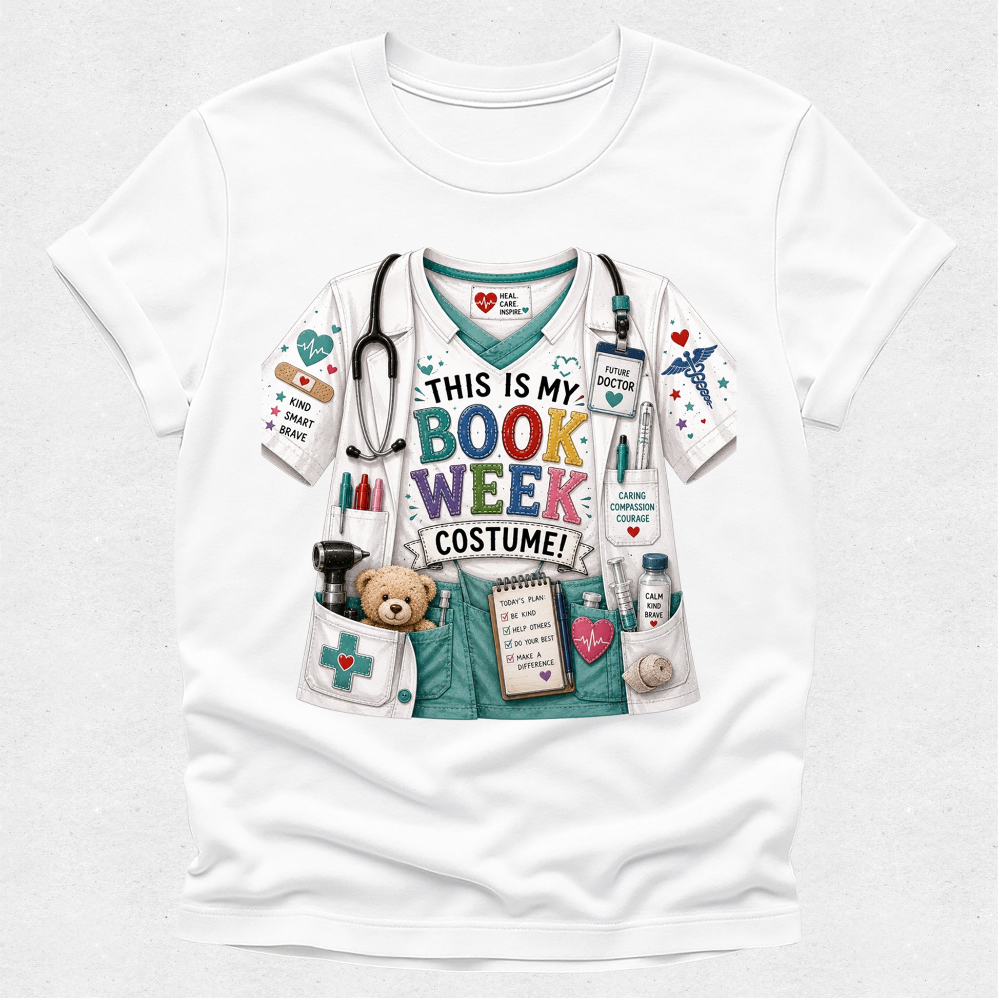 A white short-sleeve crewneck t-shirt featuring a colorful graphic print of a bookish nurse costume. The graphic includes teal scrubs, a stethoscope, medical badges, a teddy bear, and the text 'THIS IS MY BOOK WEEK COSTUME!'.
