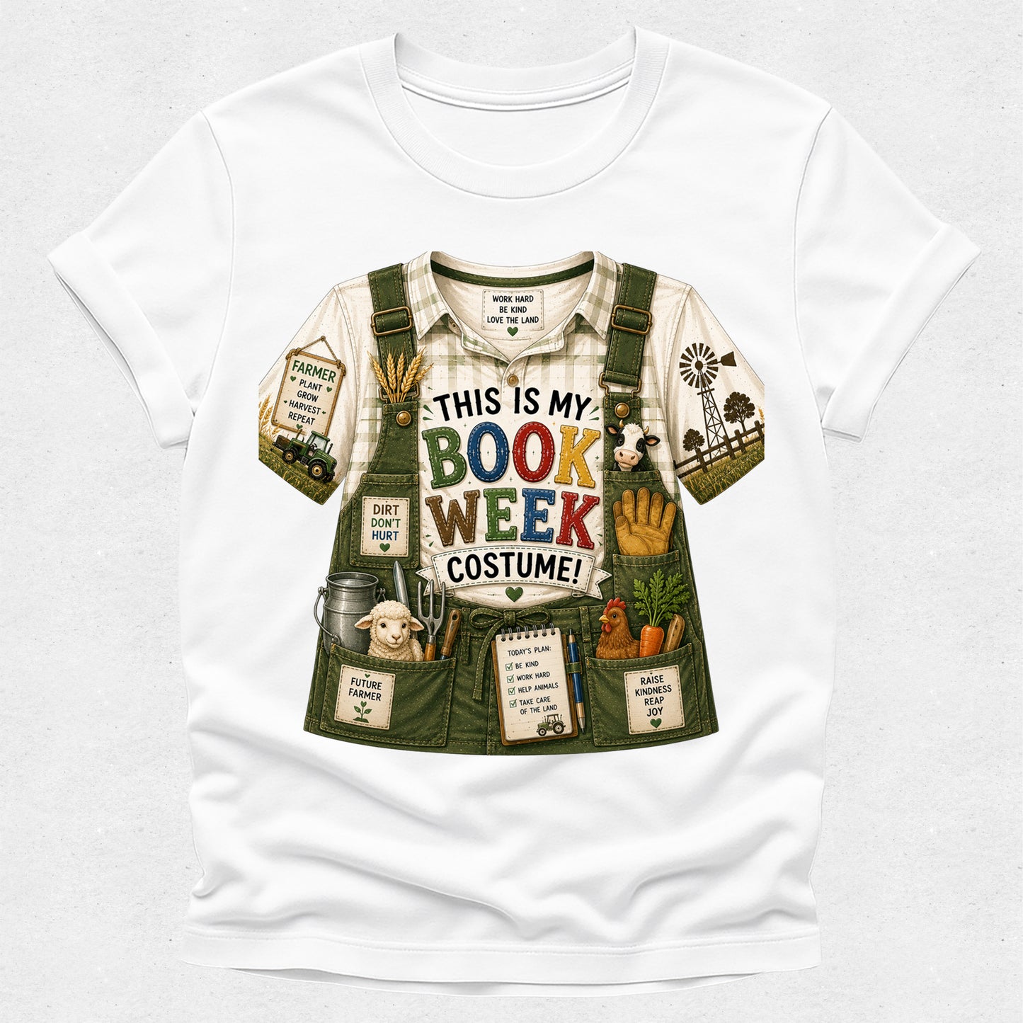 A white short-sleeve crewneck t-shirt featuring a large graphic print of a farmer's book week costume. The graphic shows a green overalls-style shirt with pockets, a plaid collar, and colorful text reading 'THIS IS MY BOOK WEEK COSTUME!' along with illustrations of a farm, books, and gardening tools.