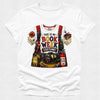 A white short-sleeve crewneck t-shirt featuring a detailed graphic print of a firefighter costume with text reading 'THIS IS MY BOOK WEEK COSTUME!'. The graphic includes a firefighter uniform with red harness straps, a helmet, a fire extinguisher, and other themed accessories.