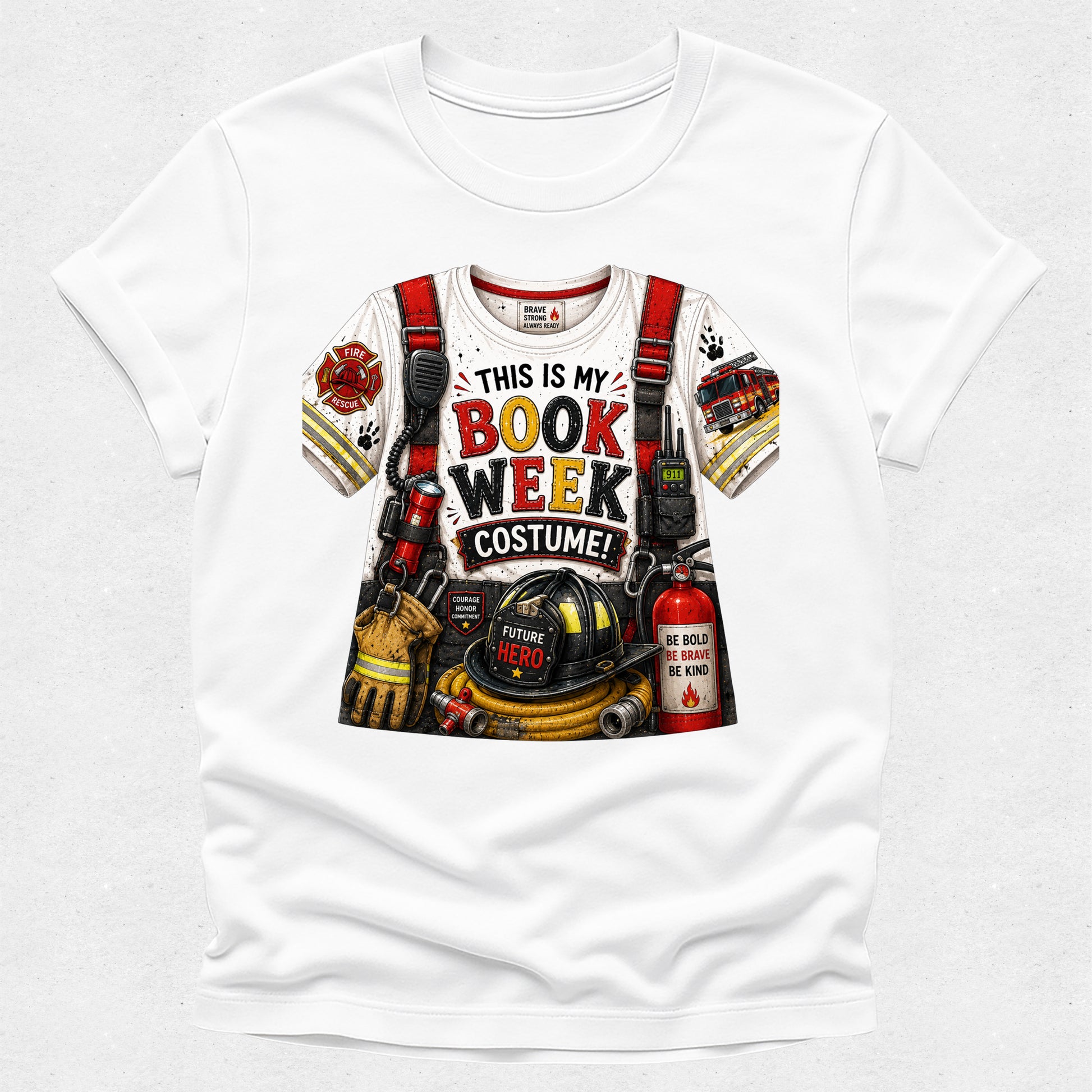 A white short-sleeve crewneck t-shirt featuring a detailed graphic print of a firefighter costume with text reading 'THIS IS MY BOOK WEEK COSTUME!'. The graphic includes a firefighter uniform with red harness straps, a helmet, a fire extinguisher, and other themed accessories.