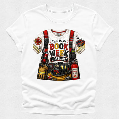 A white short-sleeve crewneck t-shirt featuring a detailed graphic print of a firefighter costume with text reading 'THIS IS MY BOOK WEEK COSTUME!'. The graphic includes a firefighter uniform with red harness straps, a helmet, a fire extinguisher, and other themed accessories.