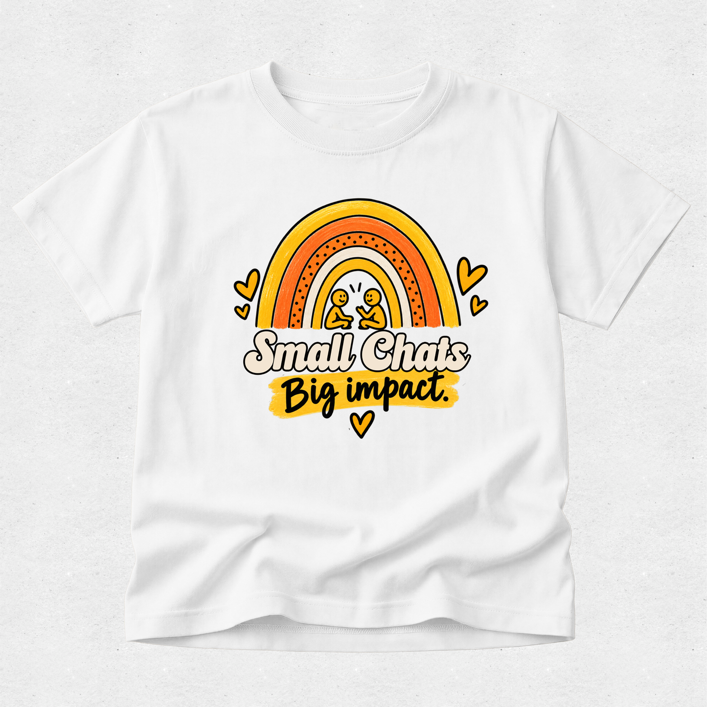 A white short-sleeve t-shirt with a colorful graphic on the front featuring a rainbow, two small yellow birds, and the text 'Small Chicks Big impact.' on a light gray background.