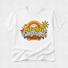 A white short-sleeve crewneck t-shirt with a colorful retro-style graphic on the chest that reads 'mental health matters' under a rainbow and sun, displayed on a light gray textured background.