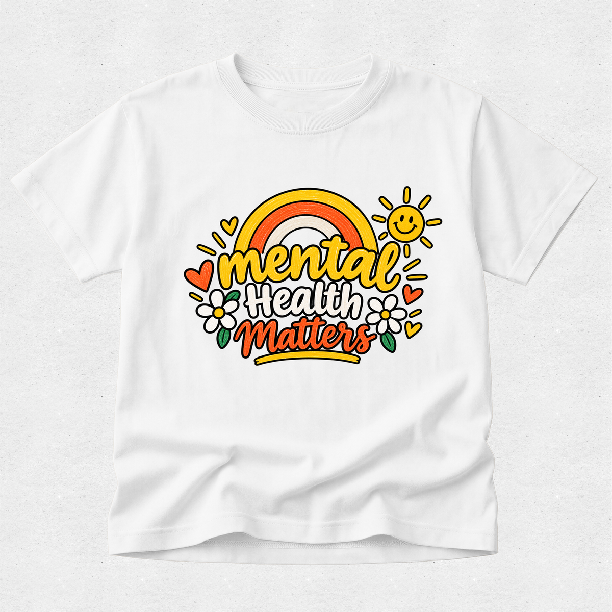 A white short-sleeve crewneck t-shirt with a colorful retro-style graphic on the chest that reads 'mental health matters' under a rainbow and sun, displayed on a light gray textured background.