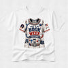 A white short-sleeve crewneck t-shirt featuring a detailed graphic of an astronaut costume jacket with the text 'THIS IS MY BOOK WEEK COSTUME!' printed on the front.