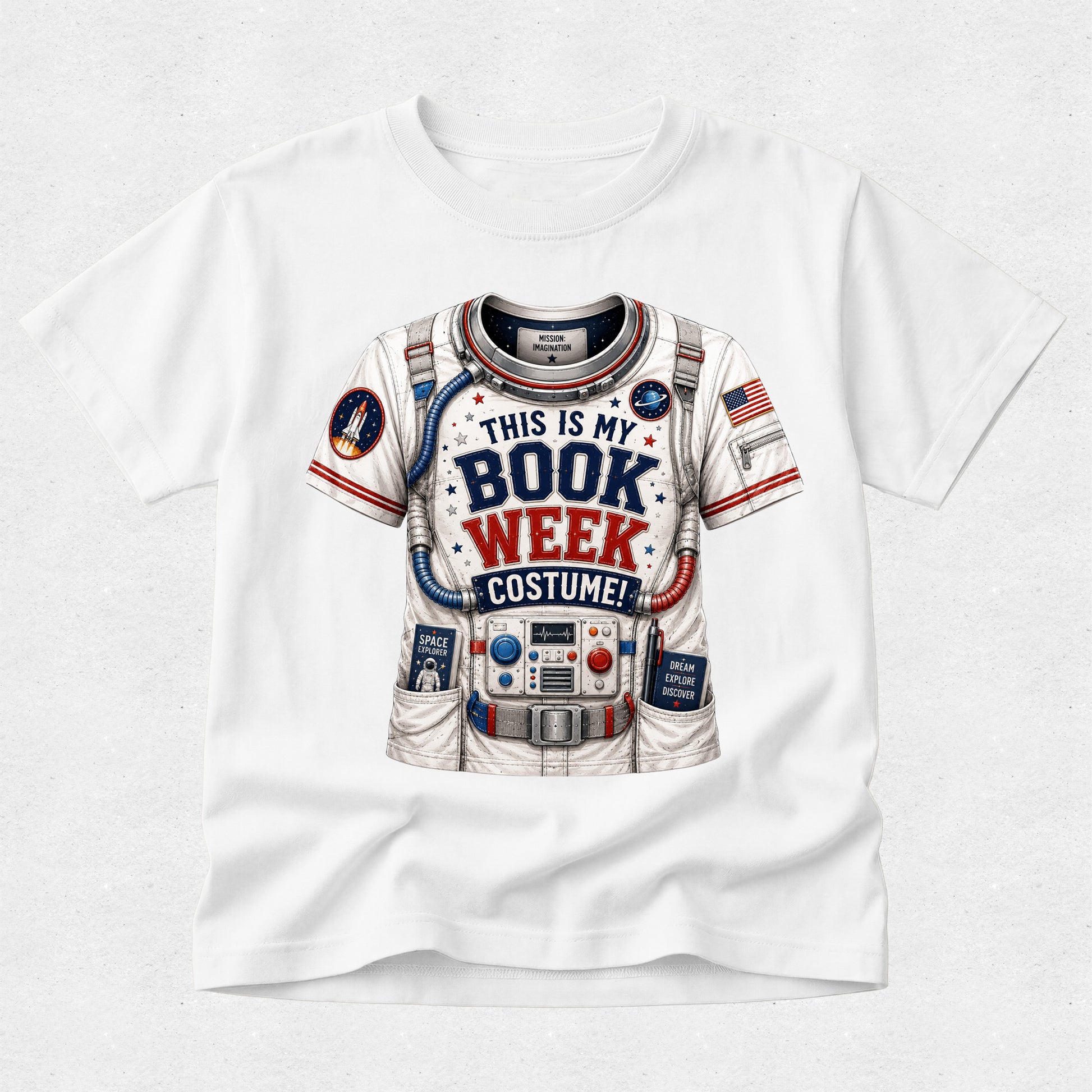 A white short-sleeve crewneck t-shirt featuring a detailed graphic of an astronaut costume jacket with the text 'THIS IS MY BOOK WEEK COSTUME!' printed on the front.