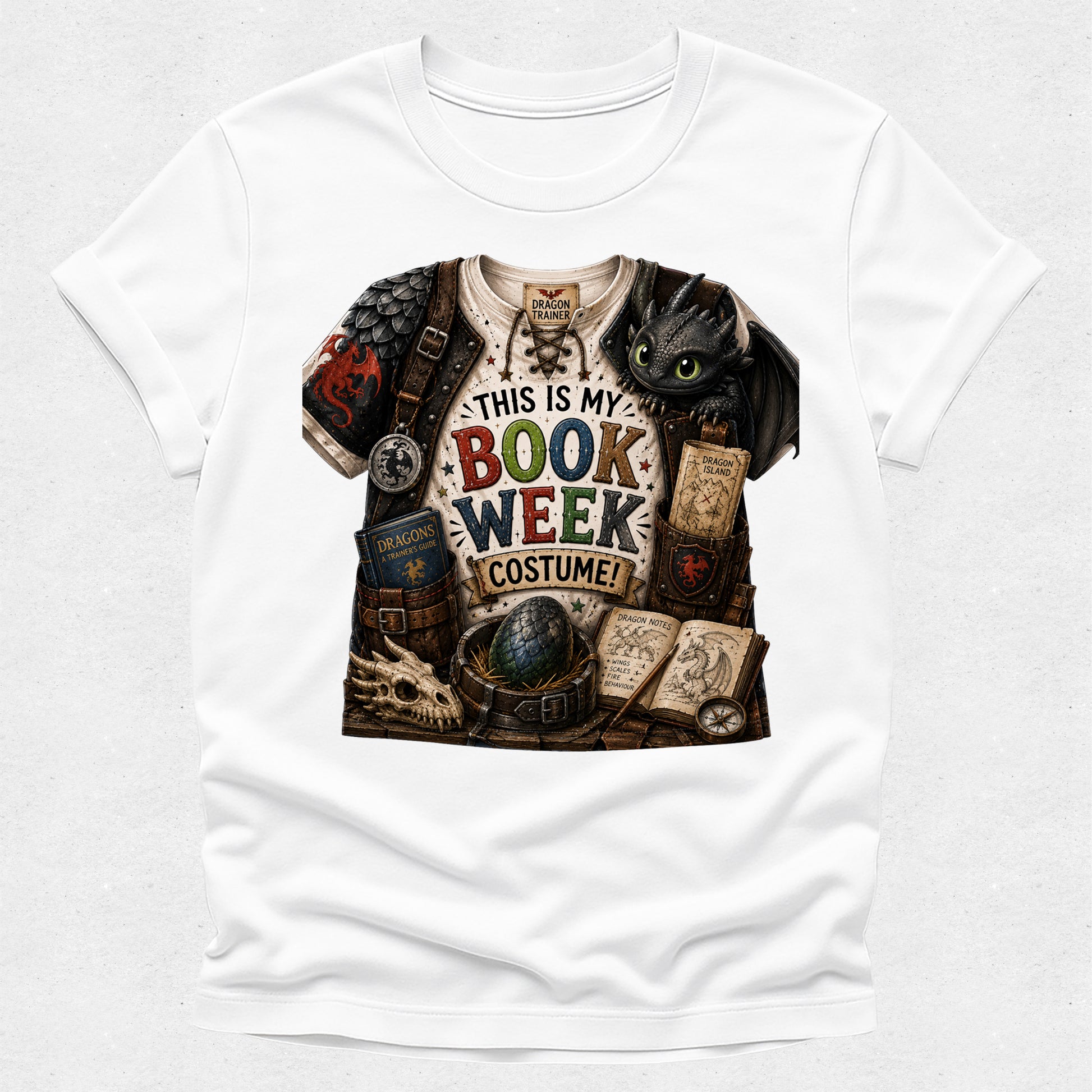 A white short-sleeve crewneck t-shirt featuring a detailed graphic print of a book-themed costume with a dragon character and the text 'THIS IS MY BOOK WEEK COSTUME!'.