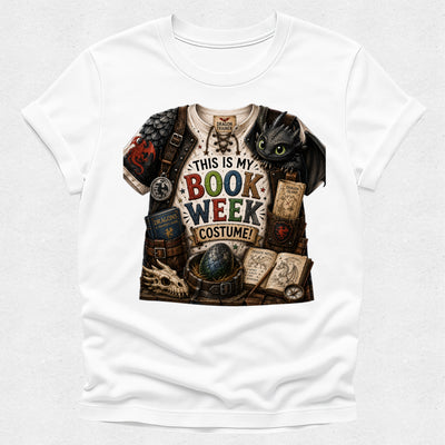 A white short-sleeve crewneck t-shirt featuring a detailed graphic print of a book-themed costume with a dragon character and the text 'THIS IS MY BOOK WEEK COSTUME!'.